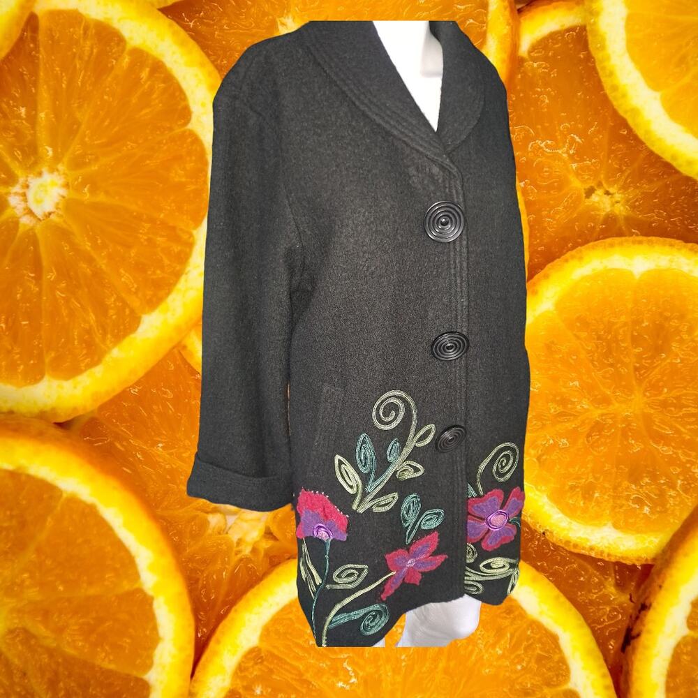 Carson Wool Snap Up  Floral‎ Embroidered Long Coat Size Large